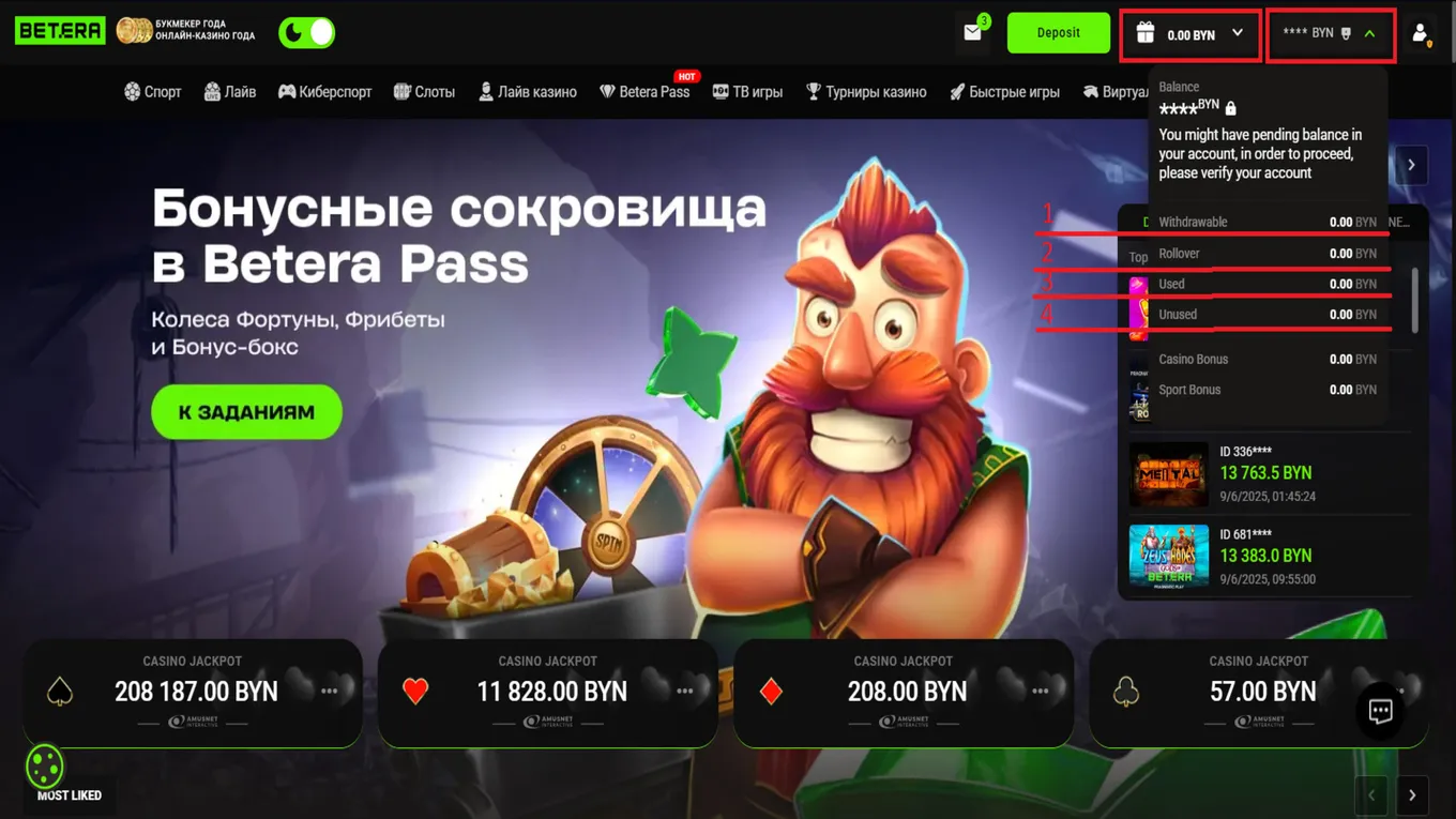 Баланс и бонусный счет в Бетера