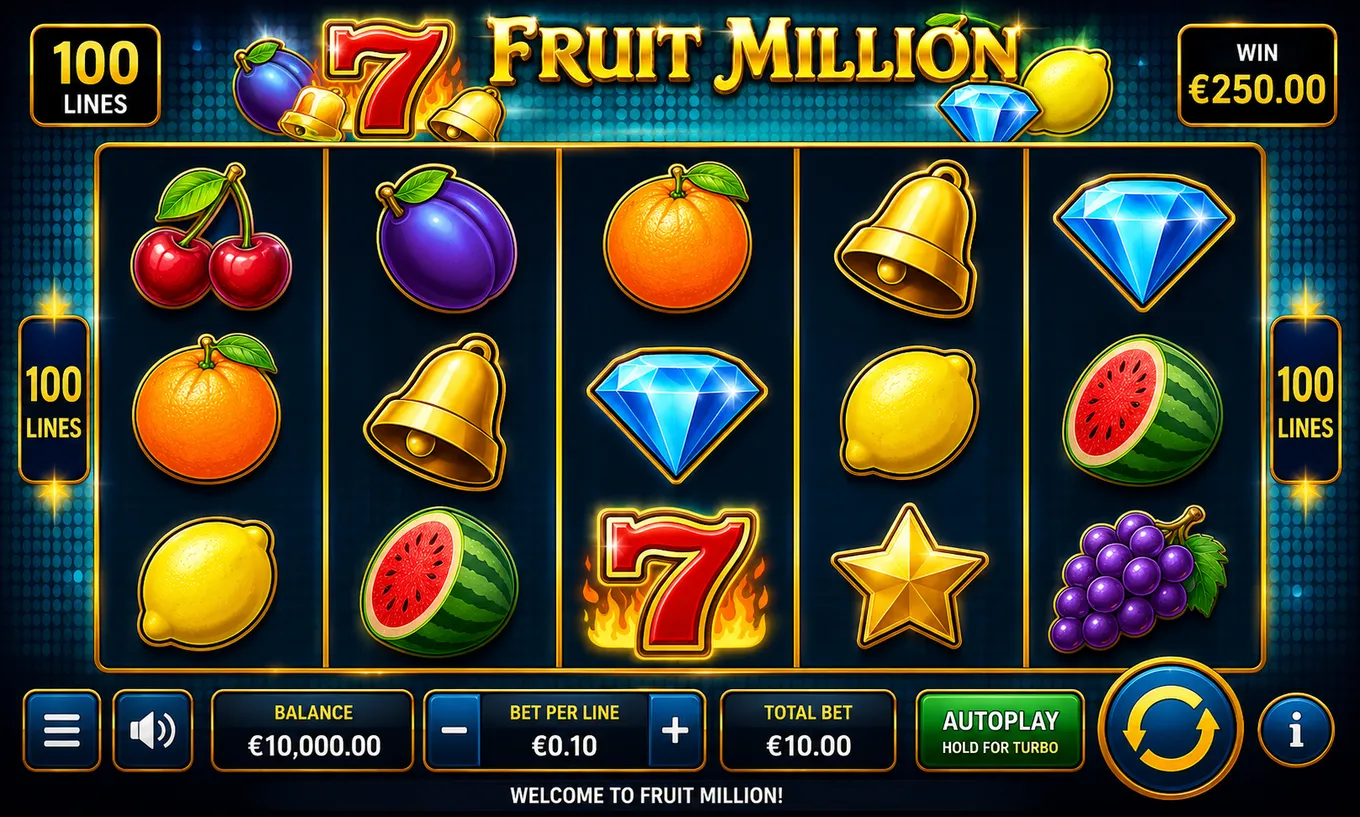 игровое поле Fruit Million с 5 барабанами и 100 линиями