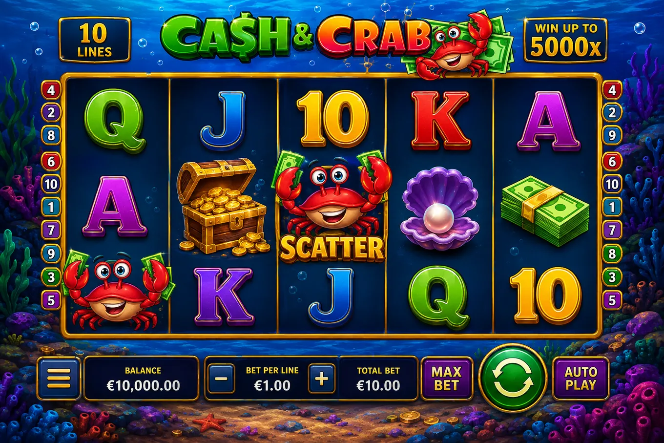 игровое поле Cash & Crab с 5 барабанами и 10 линиями