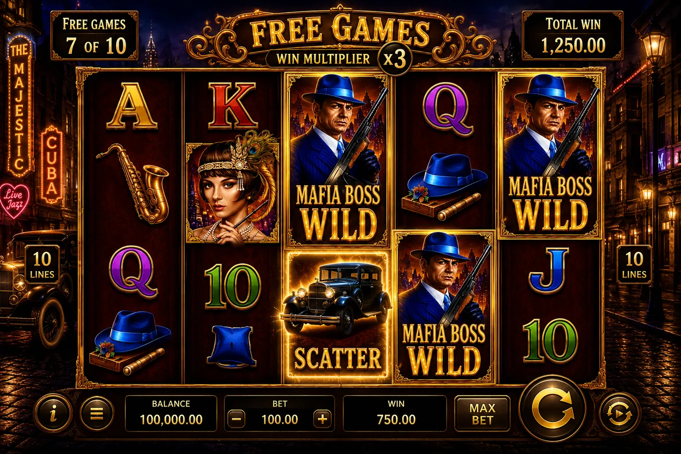 экран Free Games с Scatter-автомобилем и активной ролью Wild