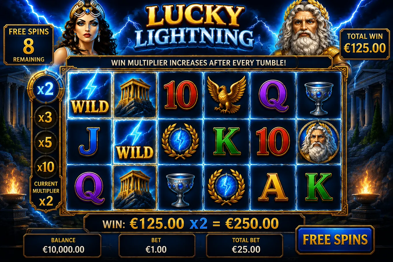 экран фриспинов Lucky Lightning на сетке 3×6