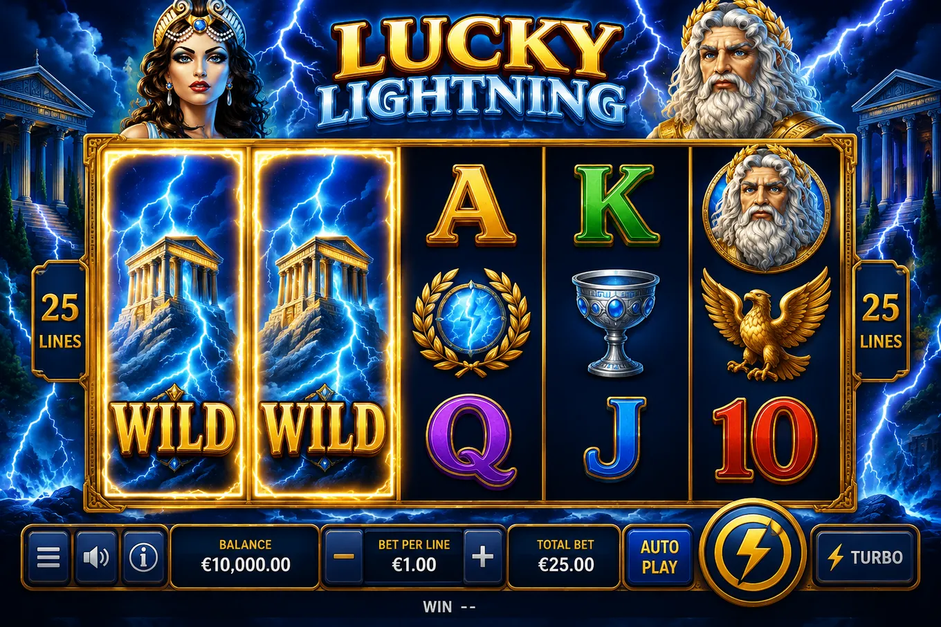 игровое поле Lucky Lightning с Wild на первых двух барабанах