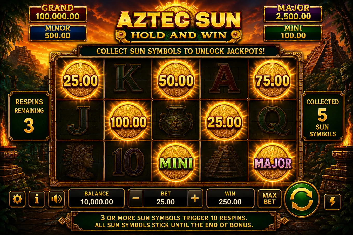 бонус Hold and Win с зафиксированными Sun-символами
