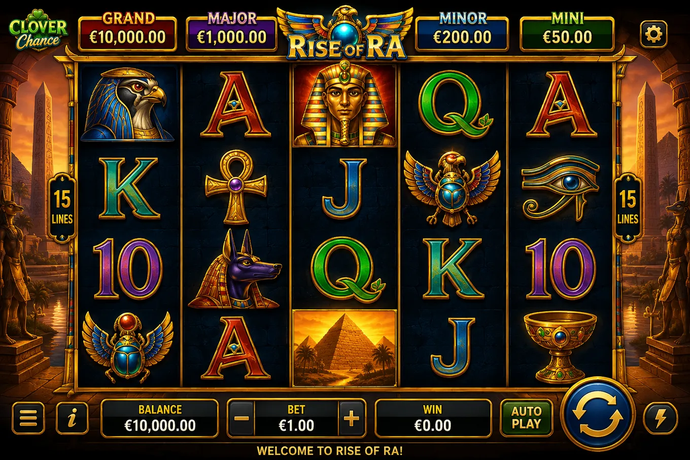 игровое поле Rise of Ra с 5 барабанами, 15 линиями и счетчиками Clover Chance Jackpot