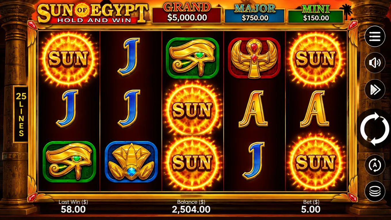 игровое поле Sun of Egypt с 5 барабанами и Sun-символами