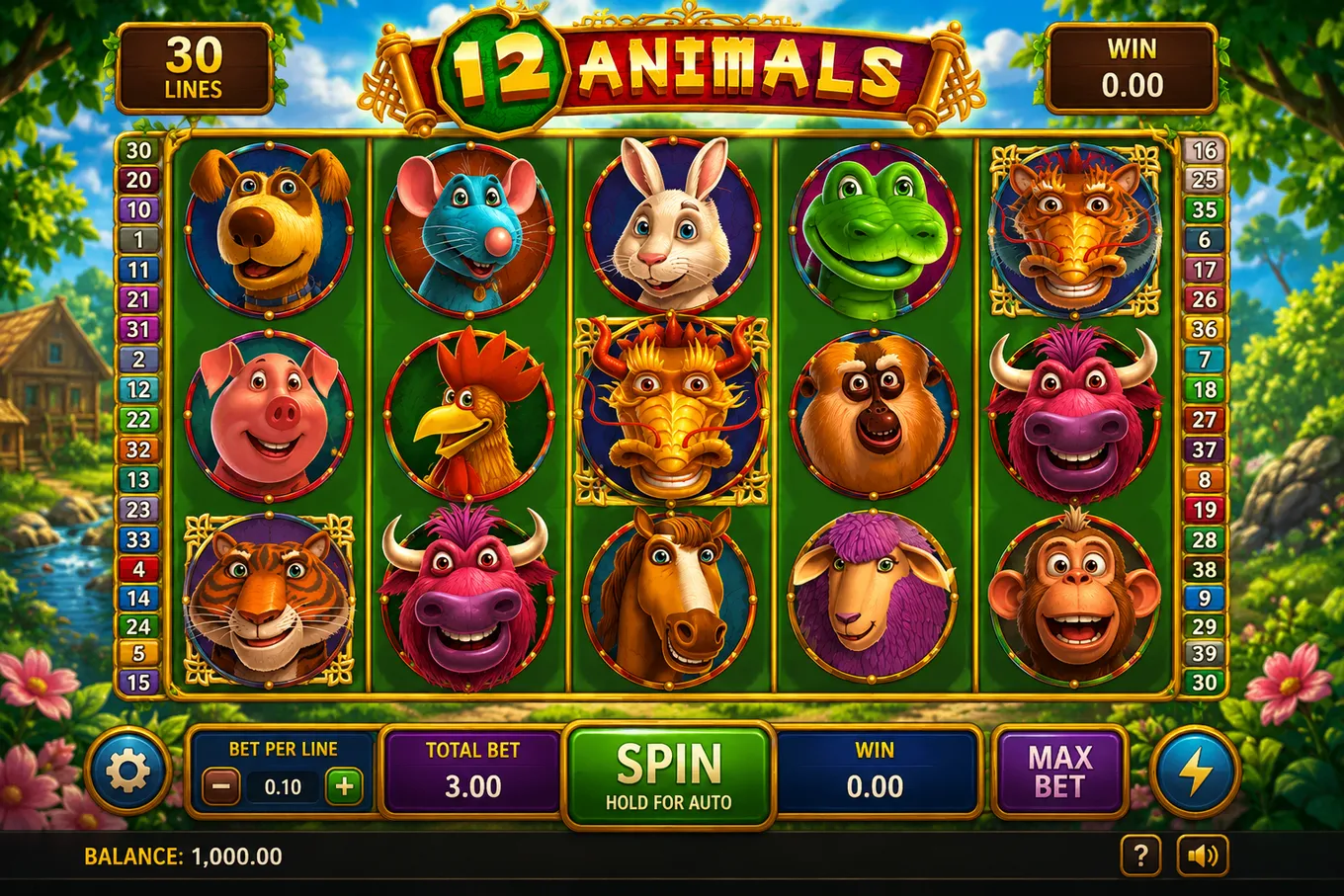 игровое поле 12 Animals с 5 барабанами, 30 линиями и панелью Bet / Spin