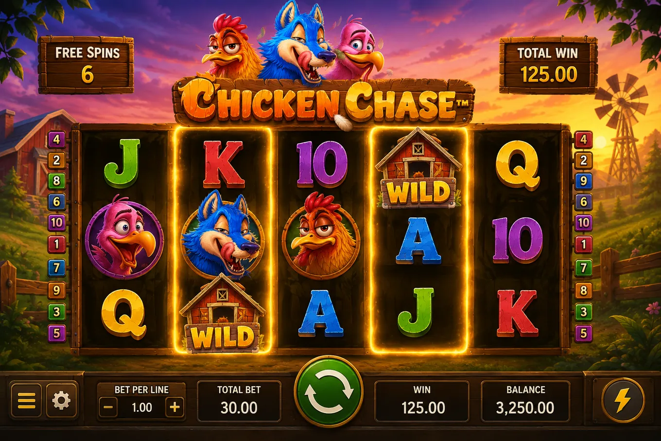 игровое поле Chicken Chase с подсветкой удерживаемых барабанов