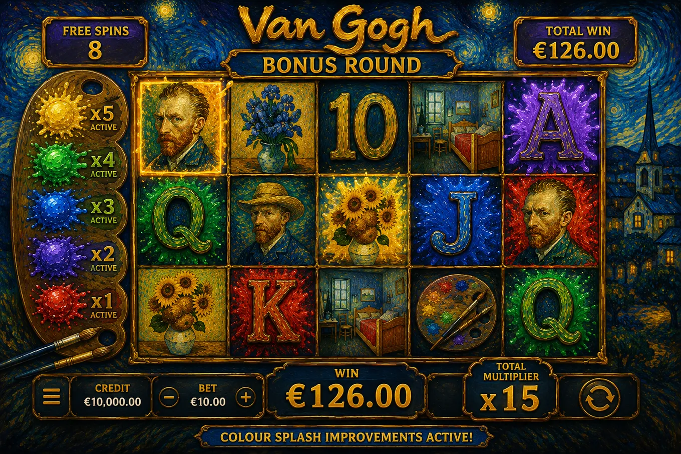 бонусный раунд Van Gogh с активными улучшениями Colour Splash