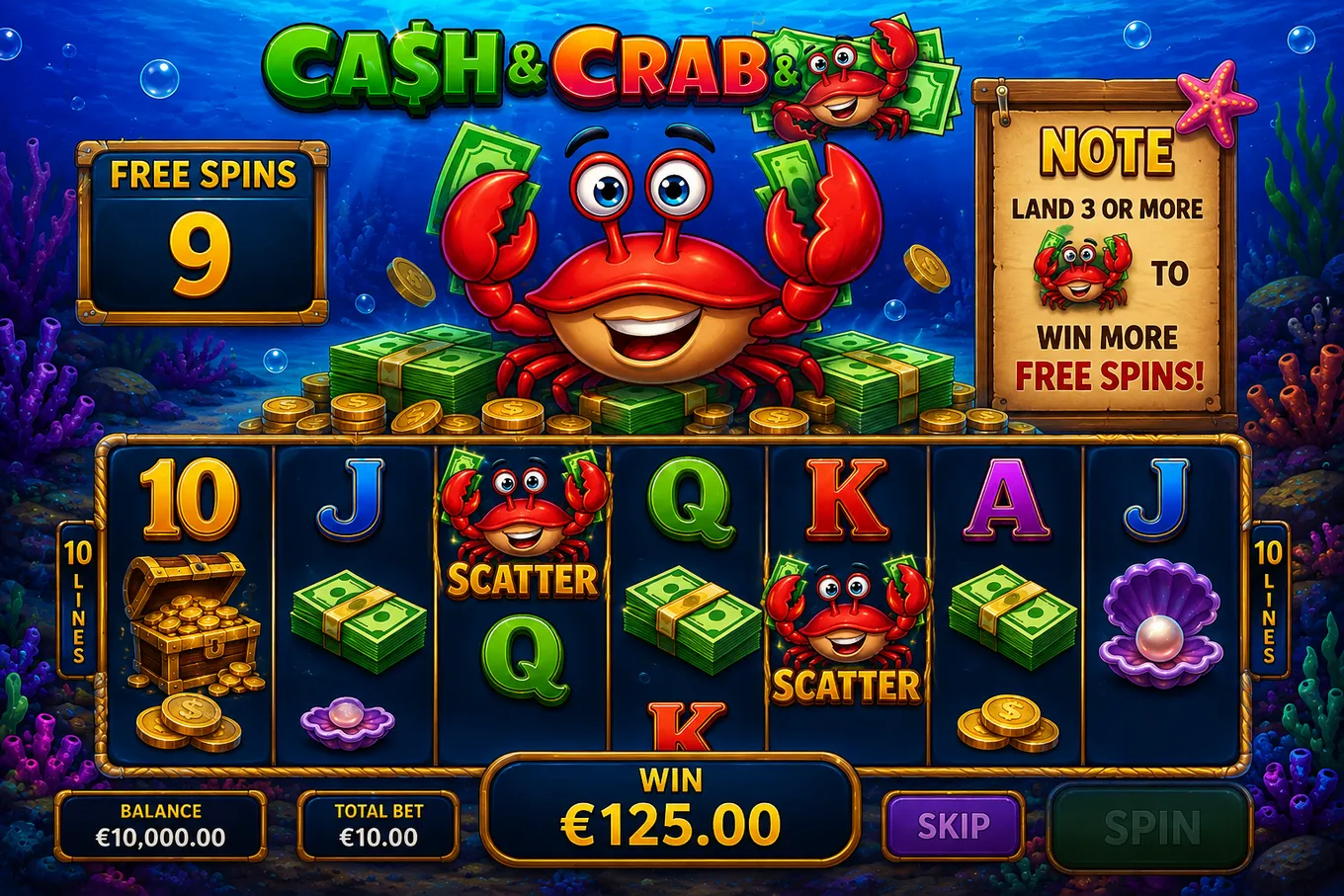 бонусный раунд Cash & Crab с Crab, Note и счётчиком фриспинов