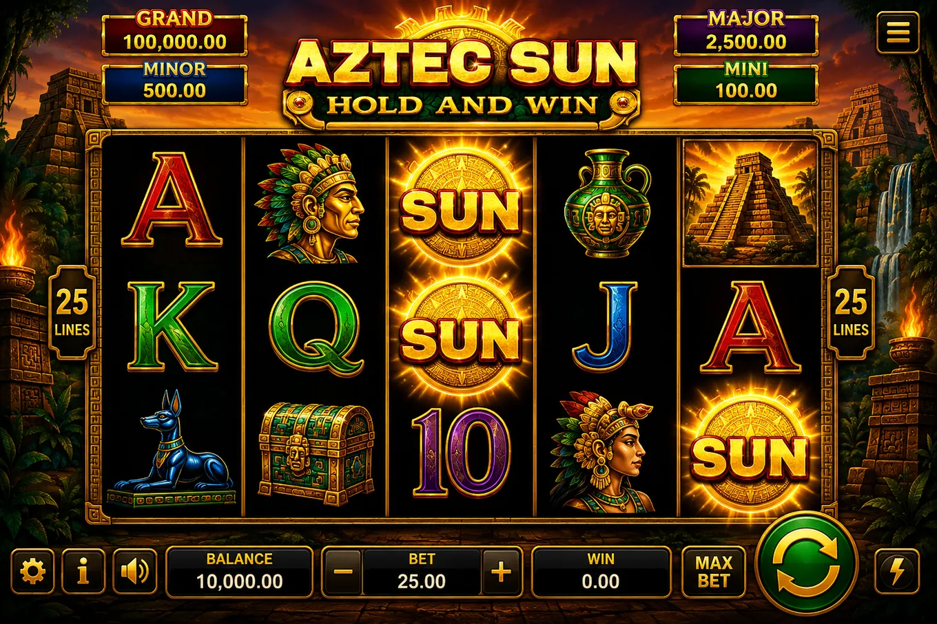 игровое поле Aztec Sun с 5 барабанами и Sun-символами
