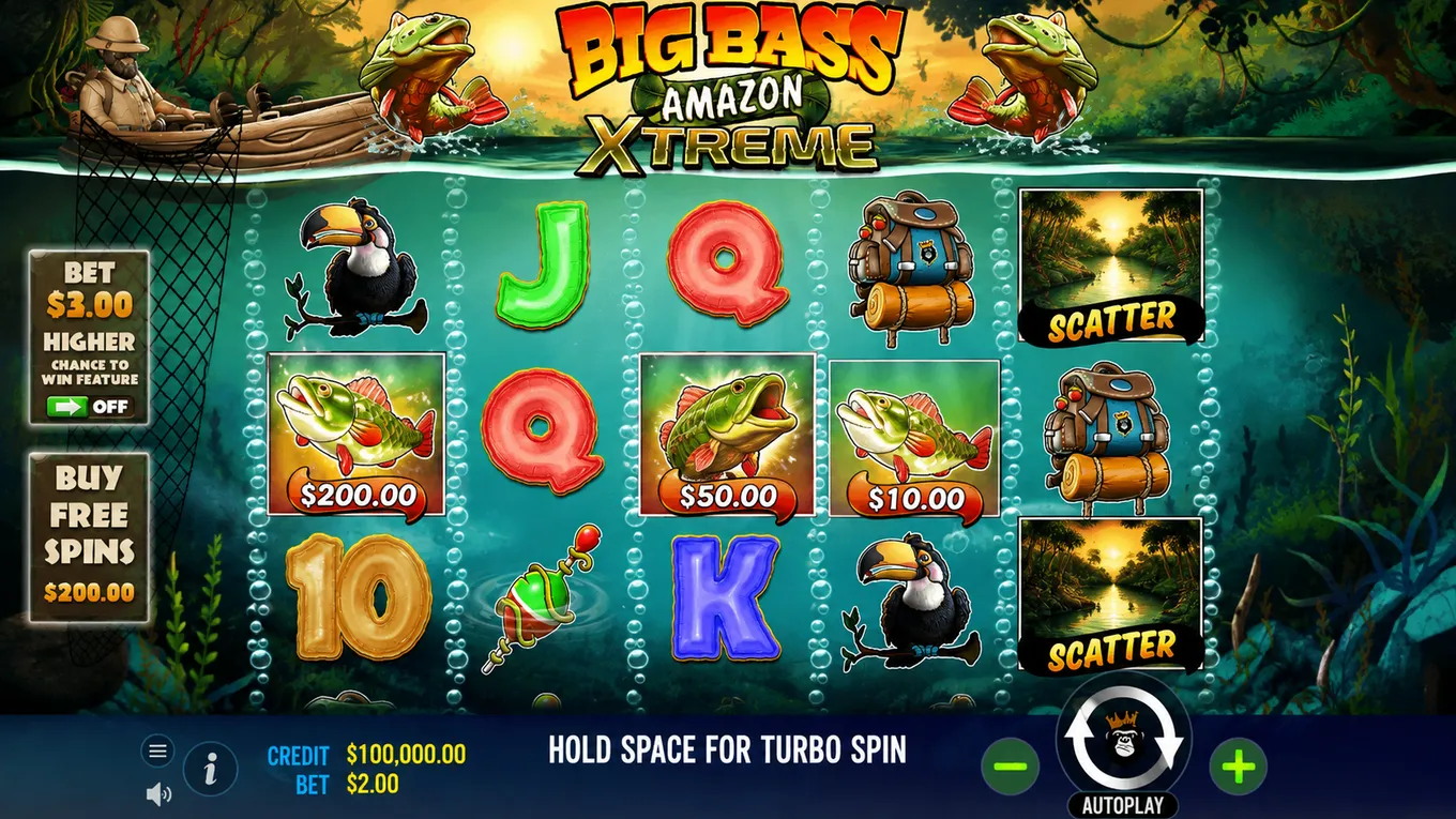 игровое поле The Big Bass Amazon Xtreme с Money Fish и Scatter