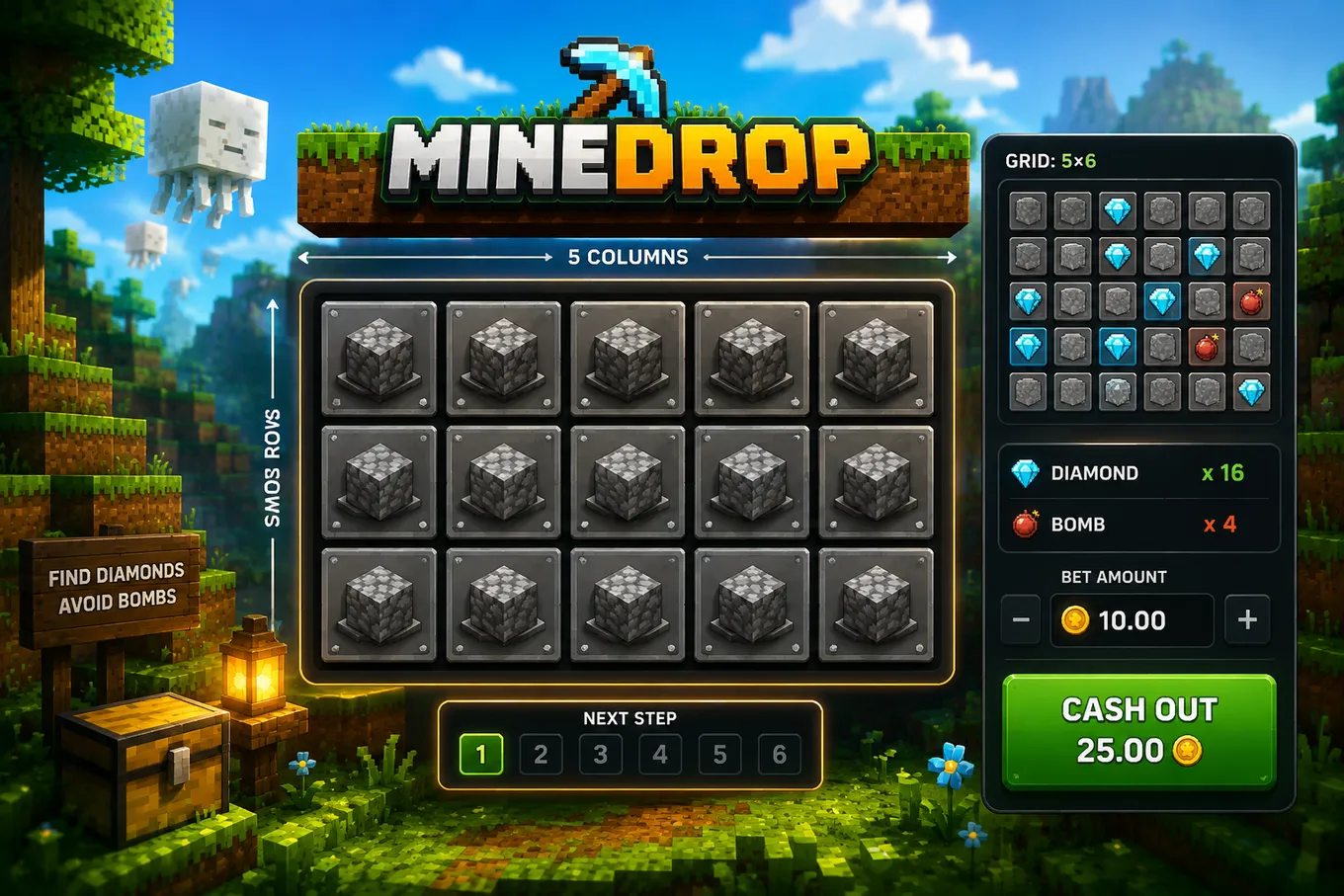 поле 5×3 и сетка блоков 5×6 в Minedrop