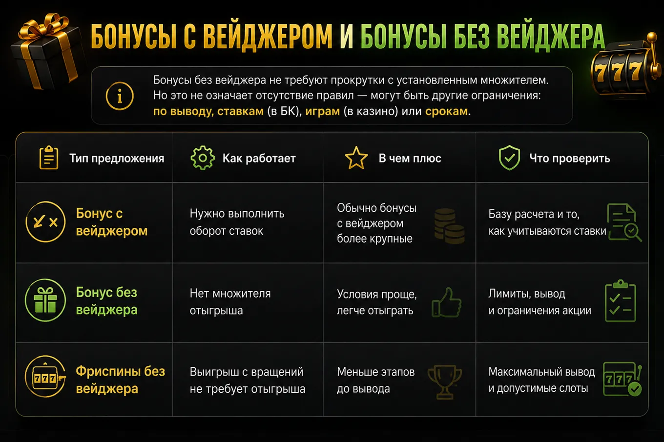 бонусы без вейджера сравнение условий