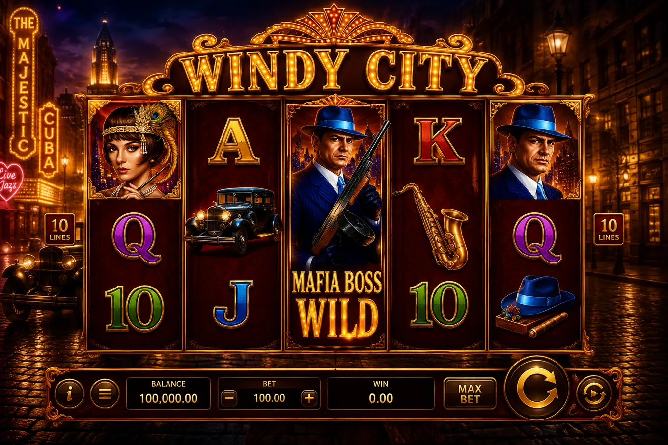 игровое поле Windy City с 5 барабанами, 10 линиями и символом Mafia Boss Wild