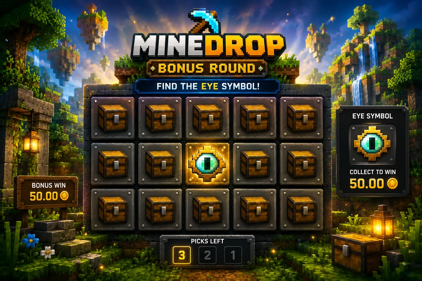 бонусный раунд Minedrop с Eye Symbol и сундуками