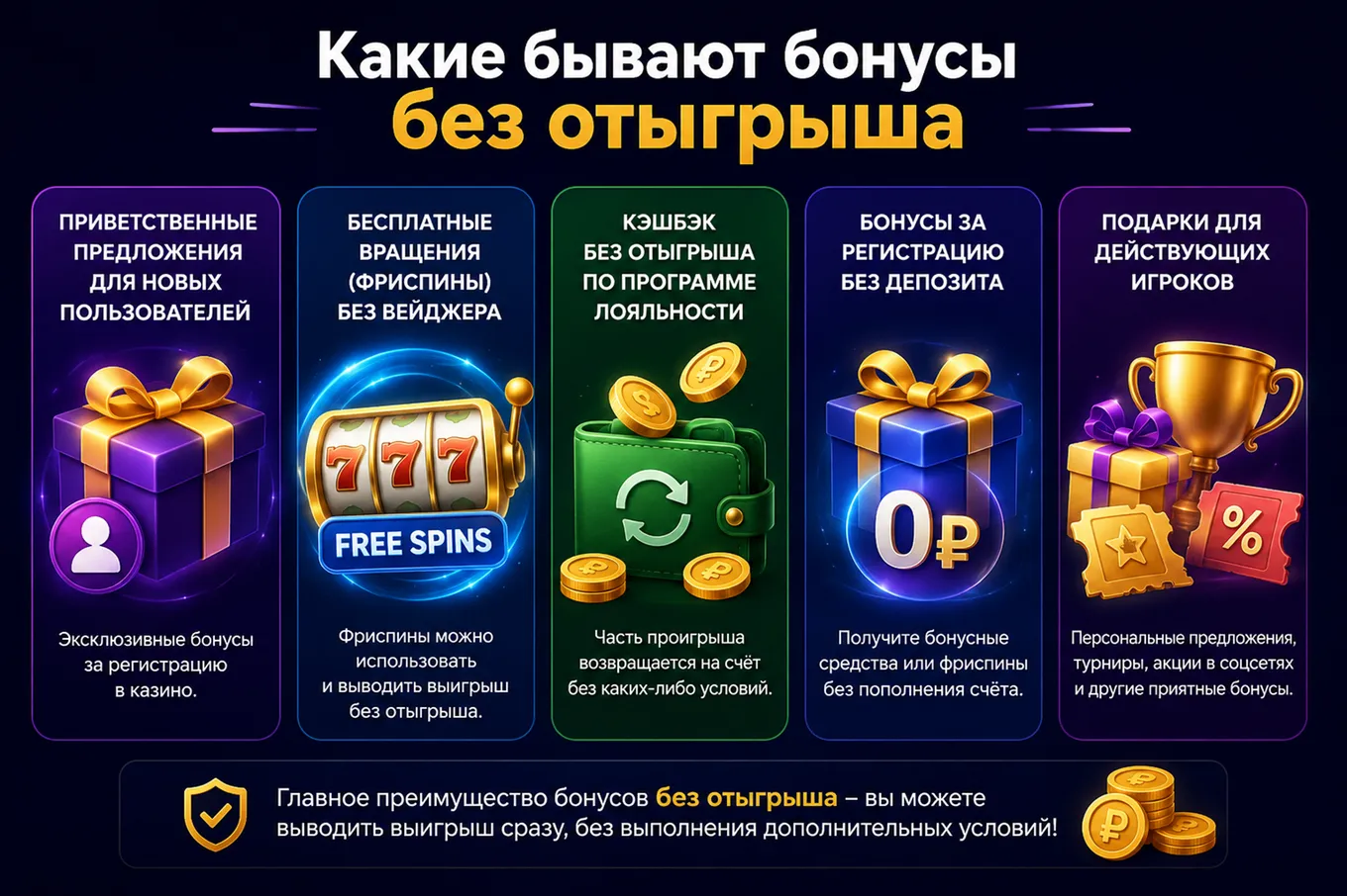 виды бонусов без отыгрыша казино